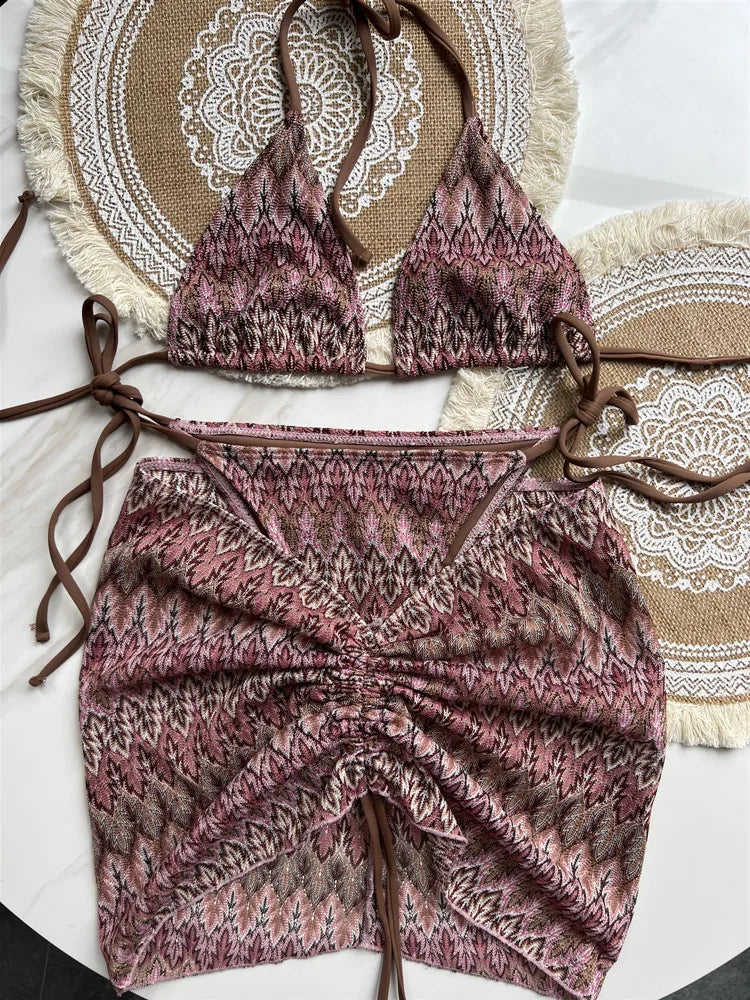 Knitted bikini three-piece set